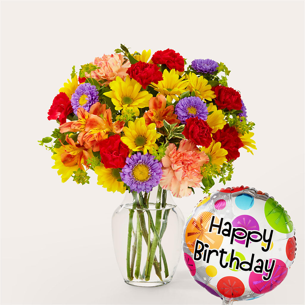 Kaleidoscope Bouquet with Birthday Balloon – Flora Ventures Llc, Newmarket NH