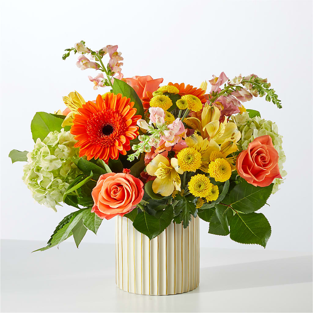 Autumn Sunshine Bouquet with Ivory Vase –  Flora Ventures Llc, Newmarket NH